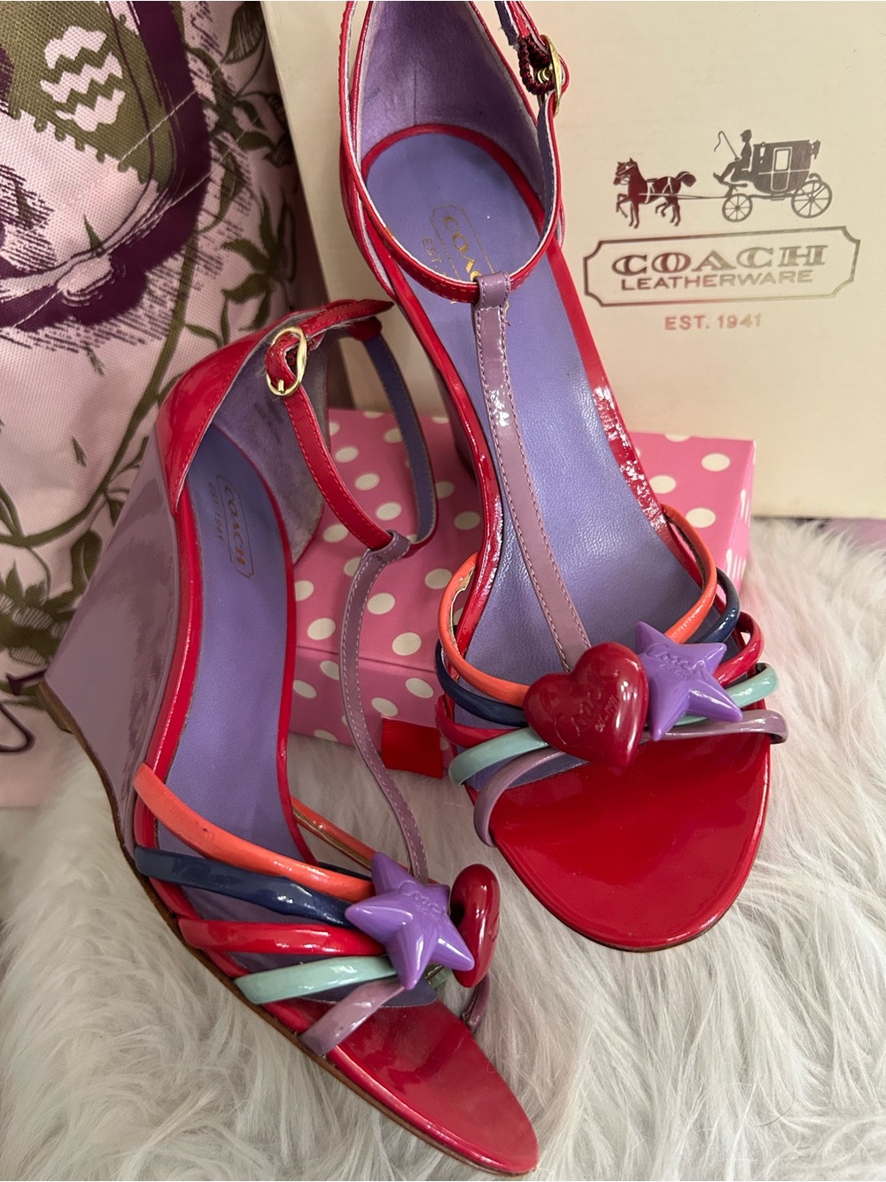 RARE Y2K Vintage Coach Tisha Multi Color Star Heart Strappy Wedge Sandals Size 7